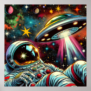 Astronaut Floating in Space with a UFO Ai Art Poster