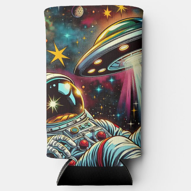 Astronaut Floating in Space with a UFO Ai  Art Seltzer Can Cooler (Front)