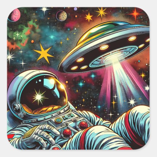 Astronaut Floating in Space with a UFO Ai  Art Square Sticker