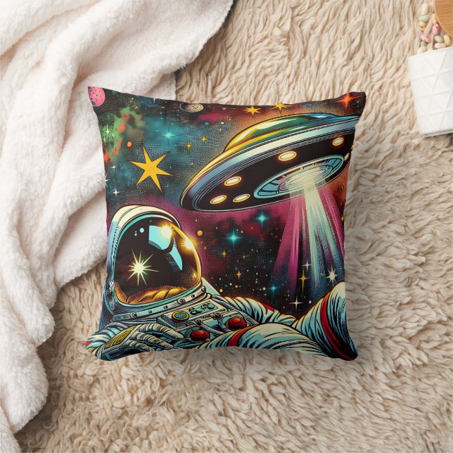 Astronaut Floating in Space with a UFO Ai  Art Throw Pillow (Blanket)