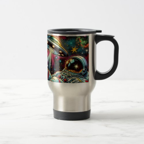 Astronaut Floating in Space with a UFO Ai  Art Travel Mug