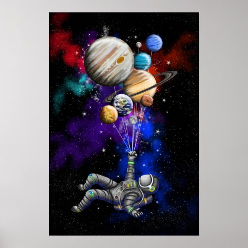 Astronaut floating in space with balloons poster