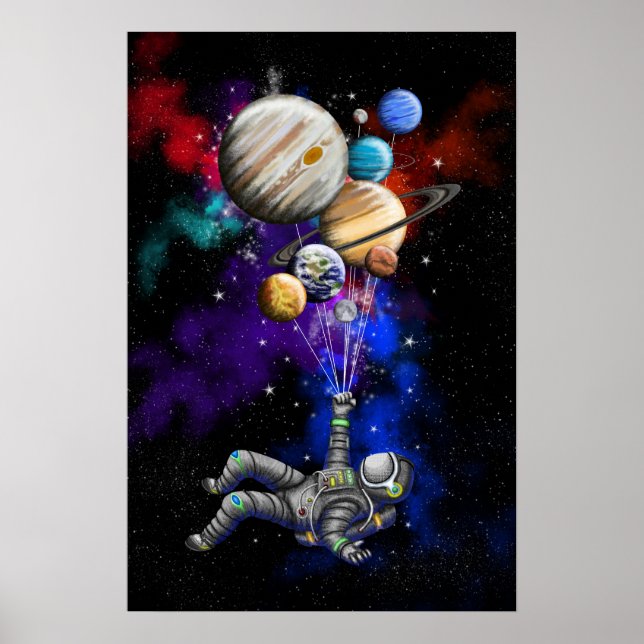 Astronaut floating in space with balloons poster (Front)