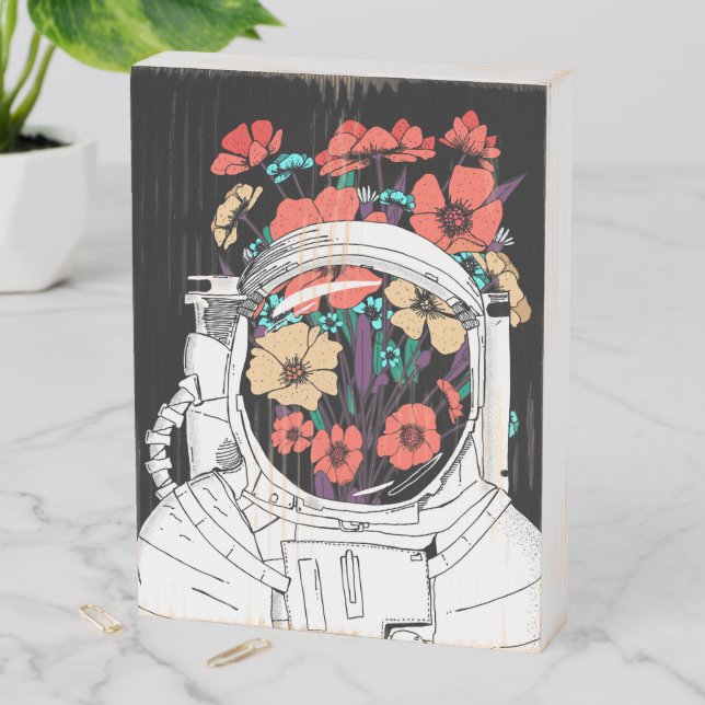 Astronaut Floral space art Wooden Box Sign (In Situ Vertical)