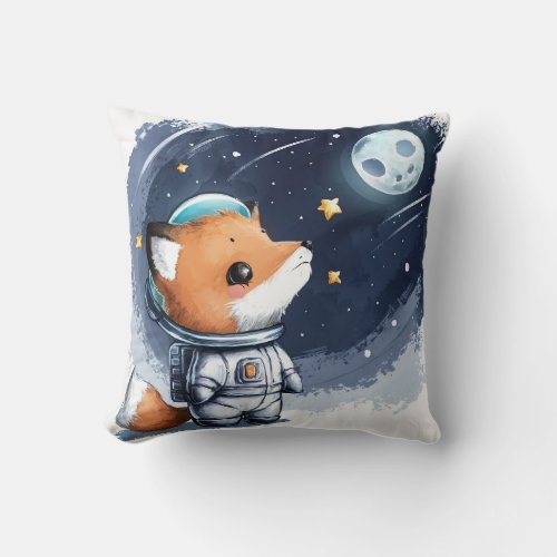 Astronaut Fox Looking at Full Moon Light Throw Pillow