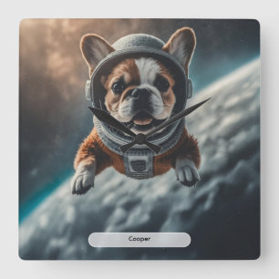 Astronaut French Bulldog Space Nursery  Square Wall Clock