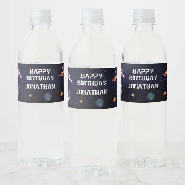 Astronaut Galaxi blue birthday Water Bottle Label (Bottles)