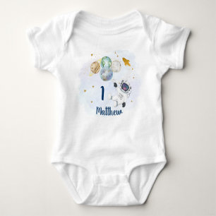 Astronaut Galaxy Blue Gold Space First Birthday Baby Bodysuit