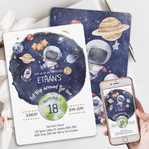 Astronaut Galaxy Personalize 1st Birthday Party Invitation