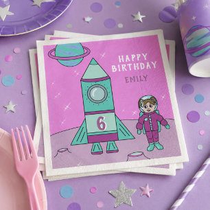 Astronaut Girl and Rocket Moon Space Birthday Napkins