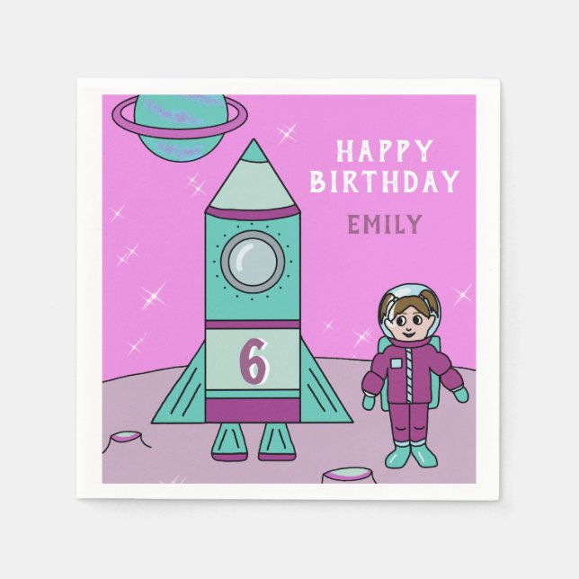 Astronaut Girl and Rocket Moon Space Birthday Napkins (Front)