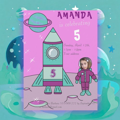 Astronaut Girl Birthday Party Insert your Face Invitation