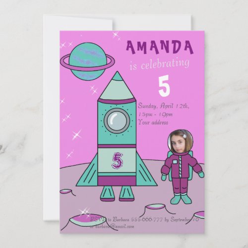 Astronaut Girl Birthday Party Insert your Face Invitation - A personalizable birthday invitation card perfect for your kid`s birthday party celebration with a photo! This invitation has an astronaut girl and her rocket on the Moon or any other planet. The girl in a purple astronaut suit and her purple and turquoise rocket with the age number on it. The girl astronaut makes this great as a party invite for a girl's birthday and her friends.
Insert your photo with your kid`s face and use the design tool to adjust it with an astronaut helmet (click costumize further than move and resize your photo till the head fits in the astronaut helmet).