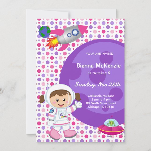 Astronaut girl Birthday theme Invitation (Front)