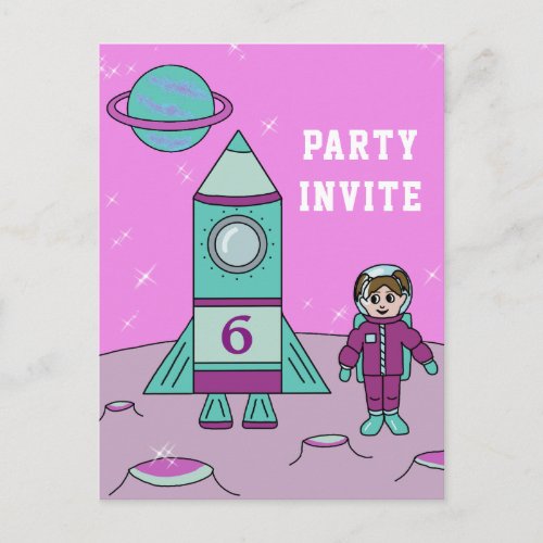 Astronaut Girl in Space Birthday Party Invite - A space invitation postcard for a kid`s birthday party celebration. A costumizable and personalizable birthday invite card. All data are written on the back side of the postcard. This invitation has a girl astronaut and her rocket ship on the Moon or any other planet. The girl in a purple astronaut suit and her blue rocket with the age number on it are in the space. The girl astronaut makes this great as a party invite for a girl's birthday and her friends.
