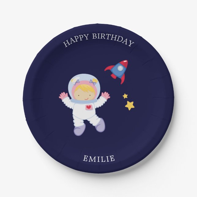 Astronaut Girl Kids Birthday Paper Plates (Front)