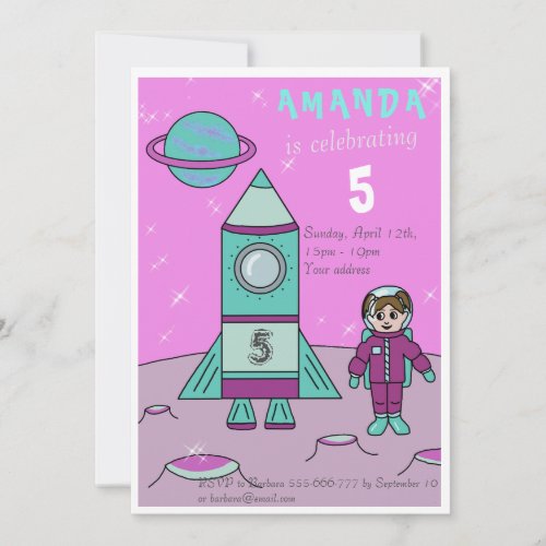 Astronaut Girl on the Moon Kids Birthday Party Invitation - A personalizable birthday invitation card perfect for your kid`s birthday party celebration! This invitation has an astronaut girl and her rocket on the Moon or any other planet. The girl in a purple astronaut suit and her purple and turquoise rocket with the age number on it. The girl astronaut makes this great as a party invite for a girl's birthday and her friends.