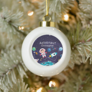 Astronaut girl on the moon, monogrammed name ceramic ball christmas ornament