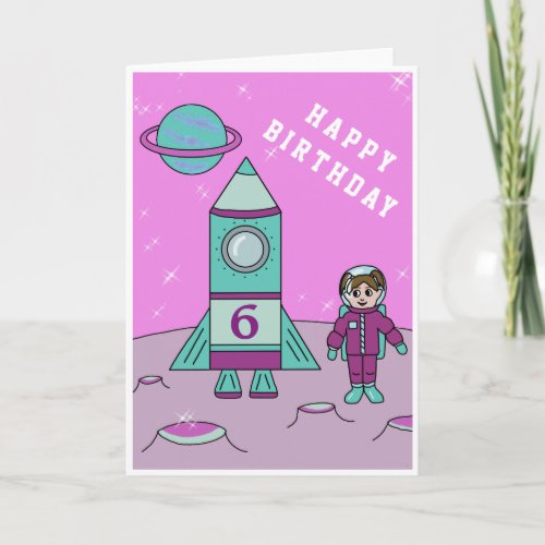 Astronaut Girl on the Moon Space Happy Birthday Card - A space Happy birthday greeting card. A costumizable and personalizable birthday card. This card has an astronaut girl and her rocket ship on the Moon or any other planet. The girl in a purple astronaut suit and her purple and turquoise rocket with the age number on it are in the space. The girl astronaut makes this great as a happy birthday card for a girl's birthday.
You can personalize it by changing the age number on the rocket ship.