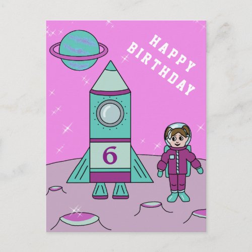 Astronaut Girl on the Moon Space  Happy Birthday Postcard - A space Happy birthday postcard. A costumizable and personalizable birthday card.  This postcard has an astronaut girl and her rocket ship on the Moon or any other planet. The girl in a purple astronaut suit and her purple and turquoise rocket with the age number on it are in the space. The girl astronaut makes this great as a happy birthday card for a girl's birthday.
You can personalize it by changing the age number on the rocket ship.