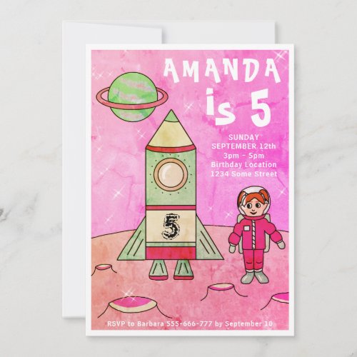 Astronaut Girl Rocket Ship Pink Birthday Party Invitation