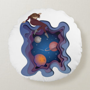 Astronaut Girl Space Gazing Round Pillow