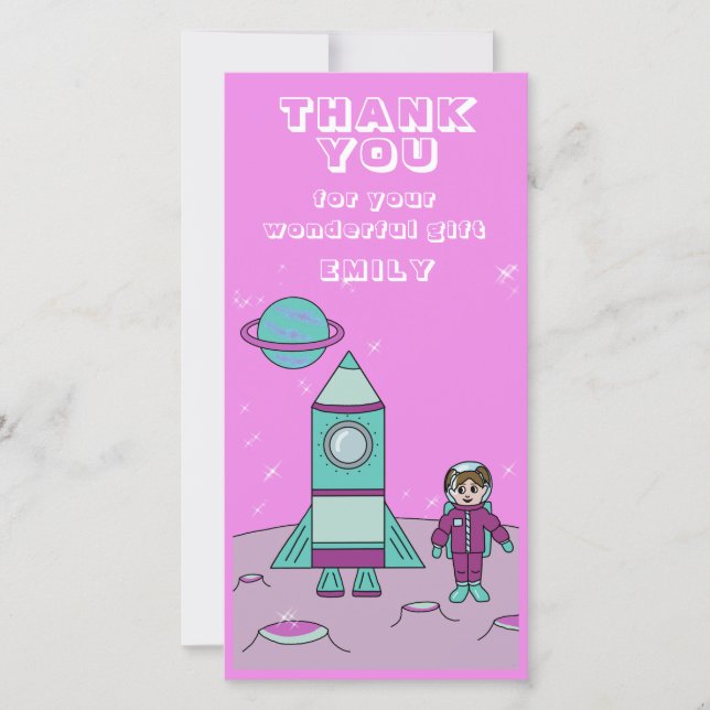 Astronaut Girl Space Rocket Pink Birthday Thank You Card (Front)