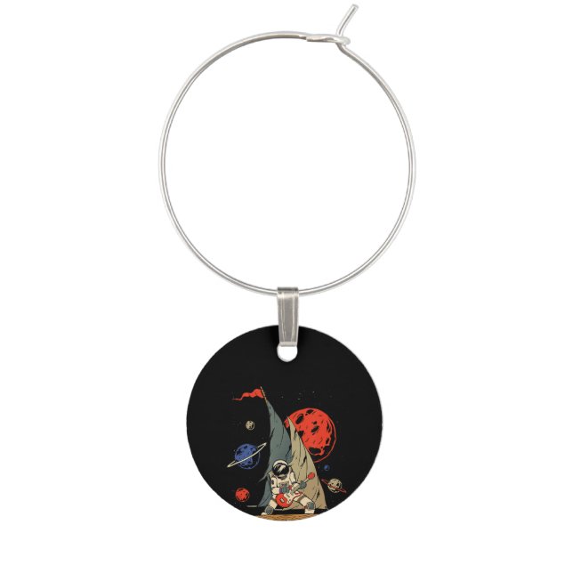 Astronaut Guitar Rockstar Sailing Through Galaxy Wine Charm (Front)