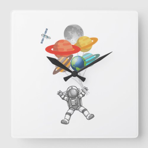 Astronaut holding Planet Balloons Solar System spa Square Wall Clock