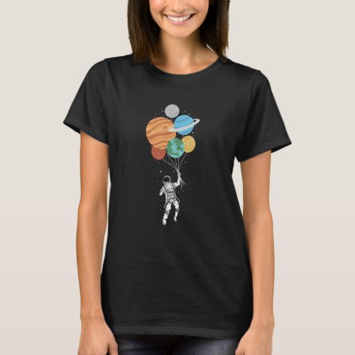 Astronaut Holding Planet Balloons Solar System Spa T_Shirt