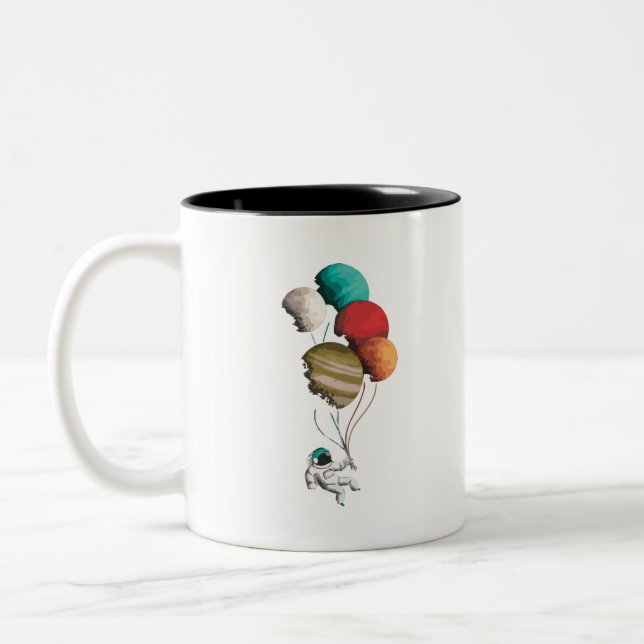 Astronaut Holding Planet Balloons Solar System Two-Tone Coffee Mug (Left)