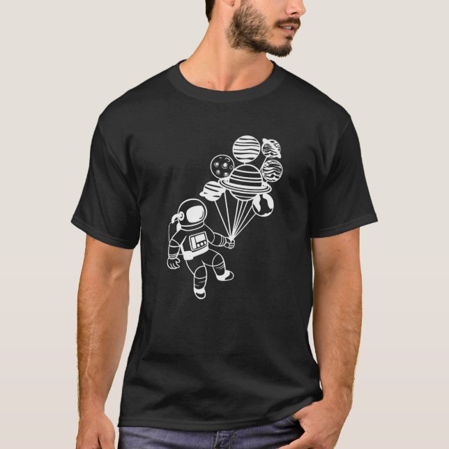 Astronaut Holding Solar System Planets Balloons In T-Shirt (Front)