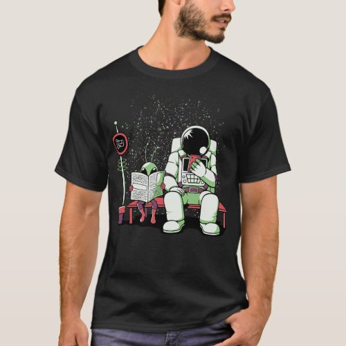 Astronaut In a Bus Stop Funny  Reading Newspaper b T_Shirt