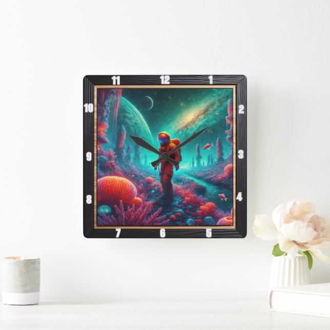 Astronaut in Alien Fantasy Square Wall Clock (Home)