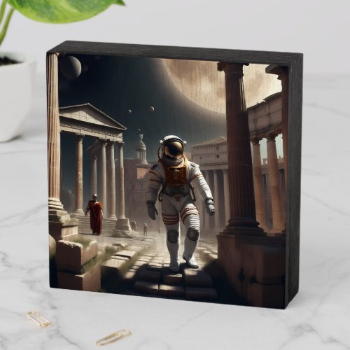 Astronaut in ancient times wooden box sign