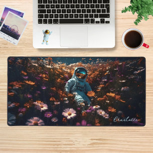 Astronaut In Daisy Wildflowers Personalized Name Desk Mat