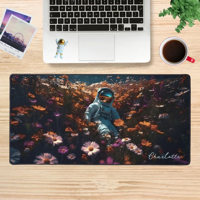 Astronaut In Daisy Wildflowers Personalized Name Desk Mat (Creator Uploaded)