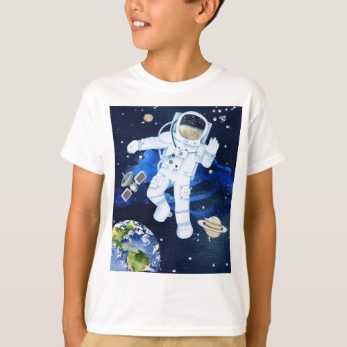 Astronaut in space earth saturn galaxy boys T_Shirt