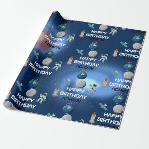 Astronaut in Space Galaxy Theme Birthday Name Wrapping Paper