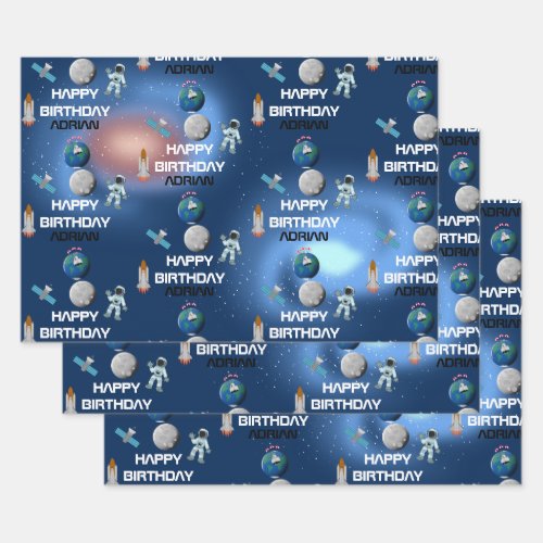 Astronaut in Space Galaxy Theme Birthday Name Wrapping Paper Sheets