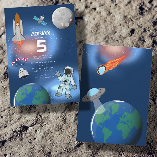 Astronaut in Space Galaxy Theme Birthday Party Invitation