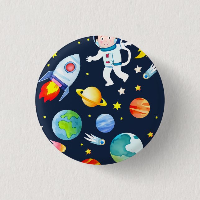 Astronaut in Space Planets and Rockets Pattern Button (Front)