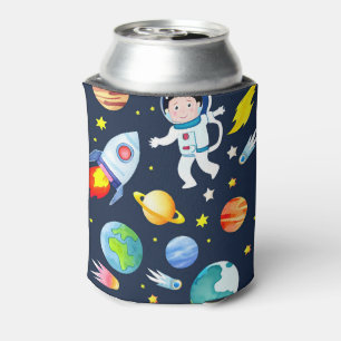 Astronaut in Space Planets and Rockets Pattern Can Cooler