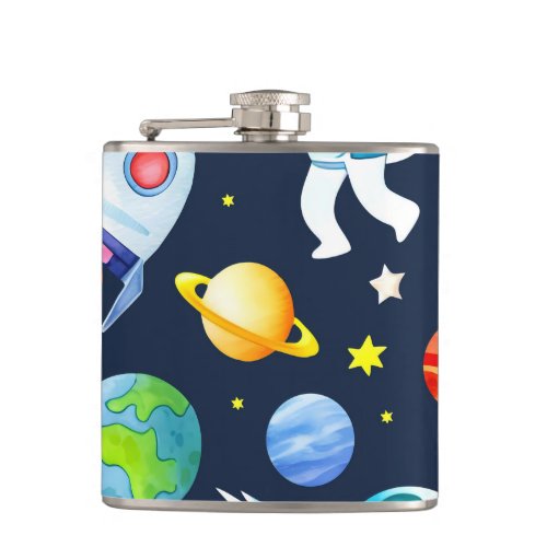 Astronaut in Space Planets and Rockets Pattern Flask