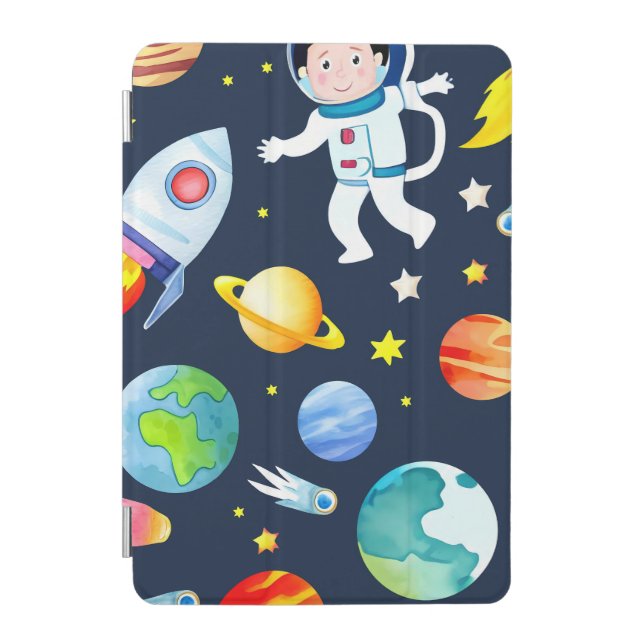 Astronaut in Space Planets and Rockets Pattern iPad Mini Cover (Front)