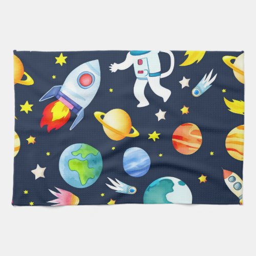 Astronaut in Space Planets and Rockets Pattern Kitchen Towel