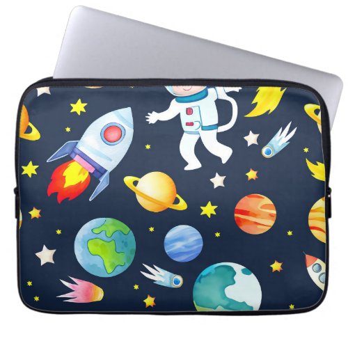 Astronaut in Space Planets and Rockets Pattern Laptop Sleeve