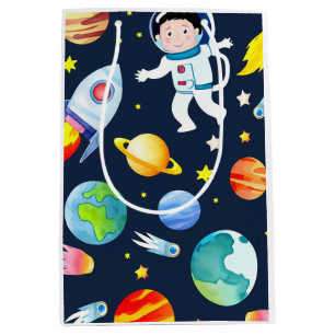 Astronaut in Space Planets and Rockets Pattern Medium Gift Bag
