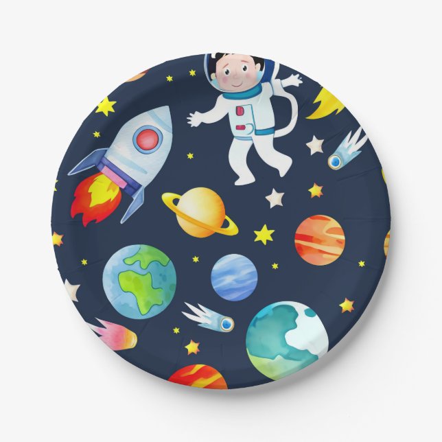 Astronaut in Space Planets and Rockets Pattern Paper Plates (Front)