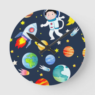 Astronaut in Space Planets and Rockets Pattern Round Clock